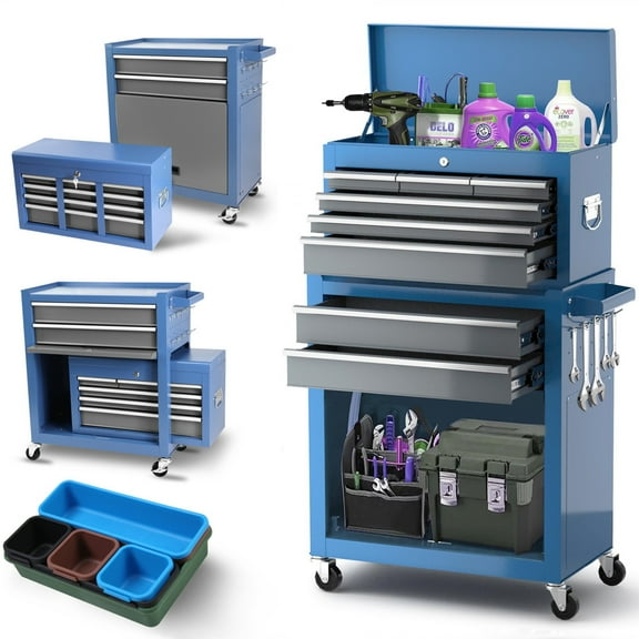 Aukfa Tool Chest, 2 in 1 Steel Rolling Tool Box & Cabinet on Wheels for Garage, 8-Drawers, Blue&Gray