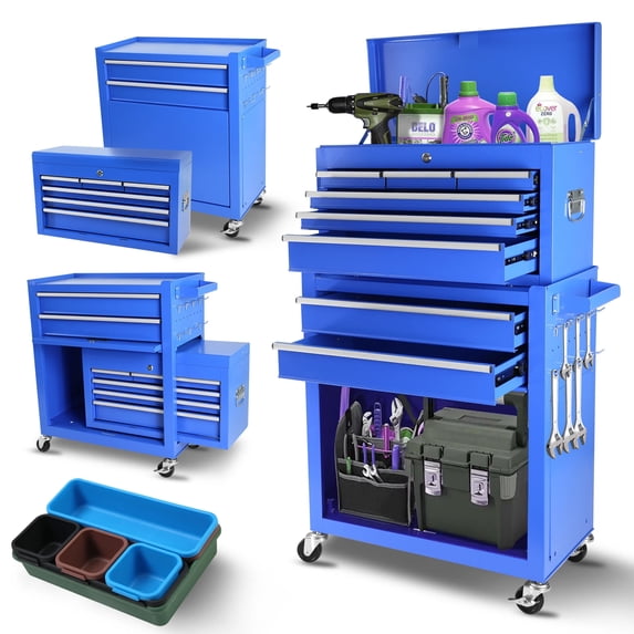Aukfa Tool Chest, 2 in 1 Steel Rolling Tool Box & Cabinet on Wheels for Garage, 8-Drawers, Blue