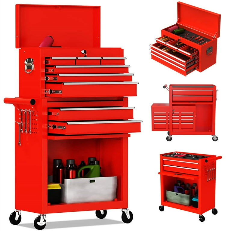 Aukfa Tool Chest, 2in1 Steel Rolling Tool Box & Cabinet On Wheels for  Garage, 8-Drawer, Red