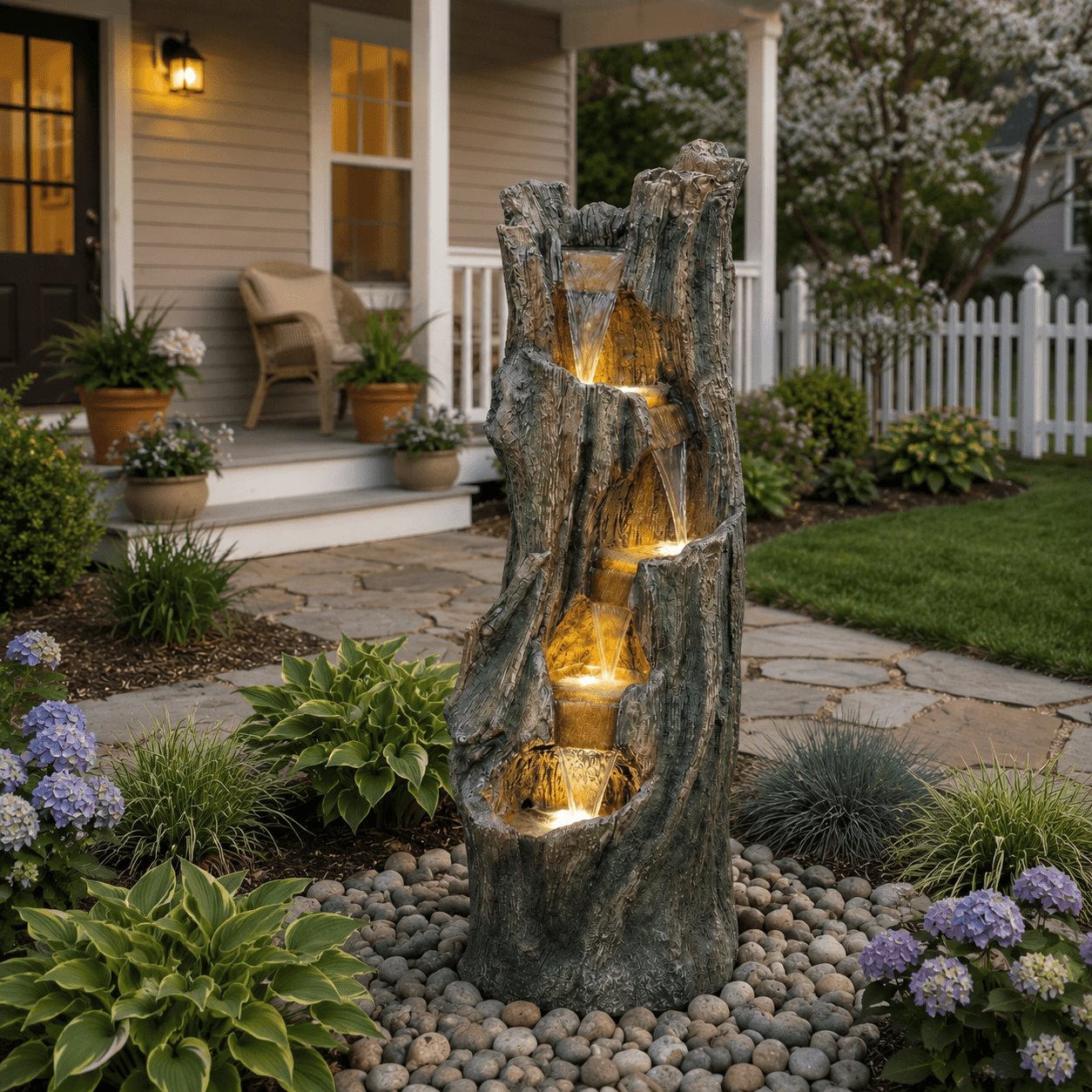 Aukfa Tree Design Outdoor Water Fountain with LED Lights, Tall Resin Waterfall Feature for Patio Garden Backyard,Gray