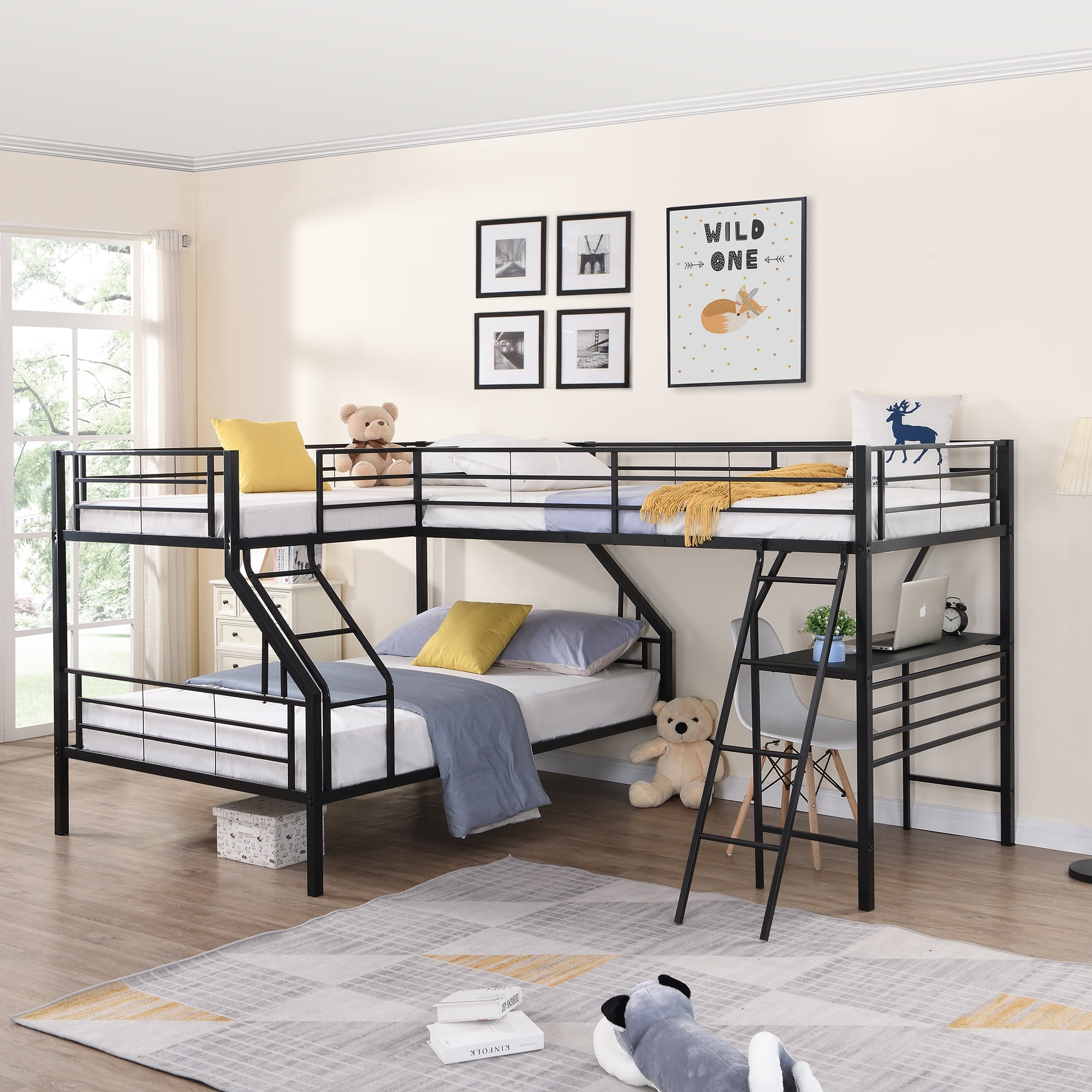 Aukfa Triple Bunk Bed Twin Over Full, Metal LShape Bunk Bed for Kids