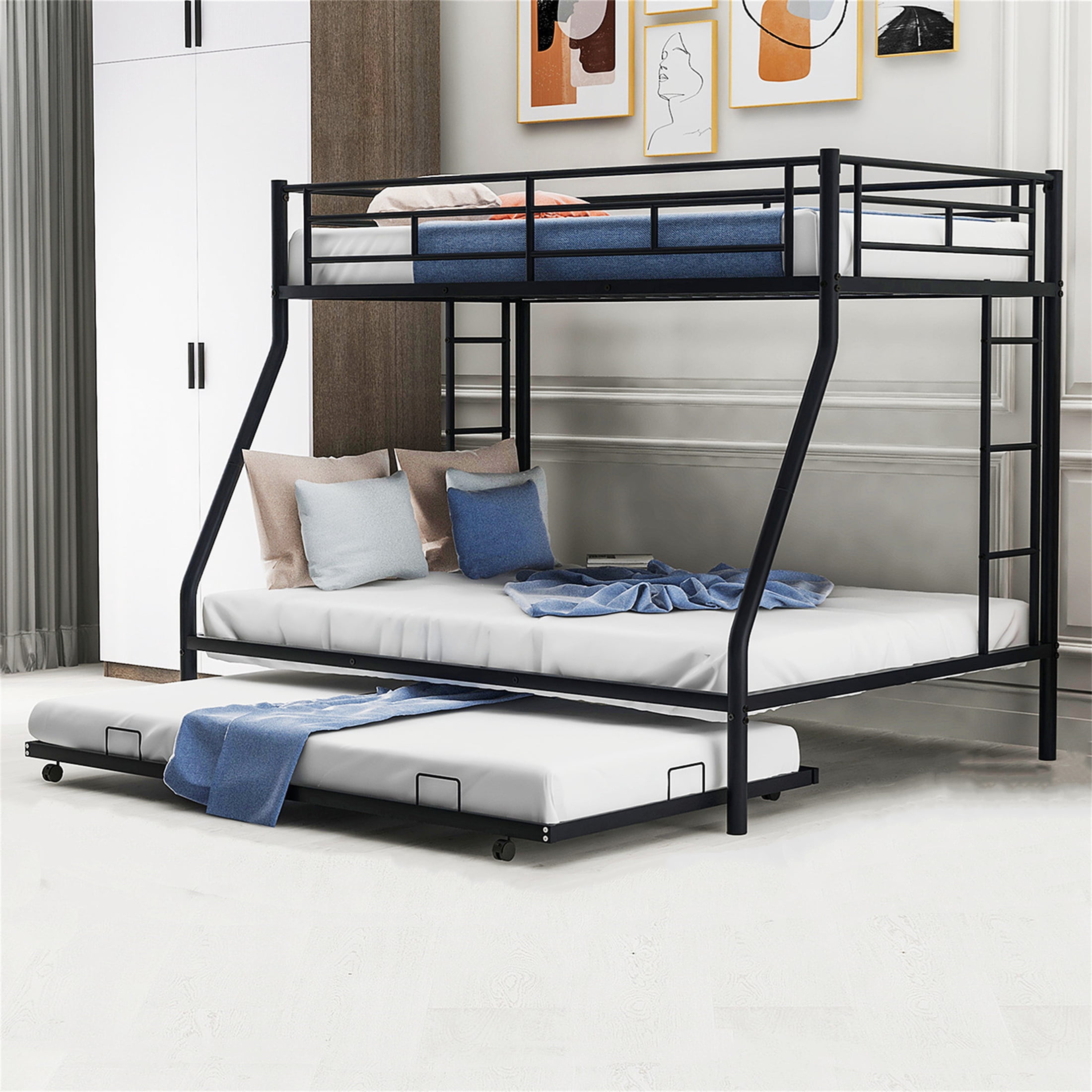 Aukfa Triple Bunk Bed, Twin over Full Bunk Bed with Trundle, 2 Ladders, Black