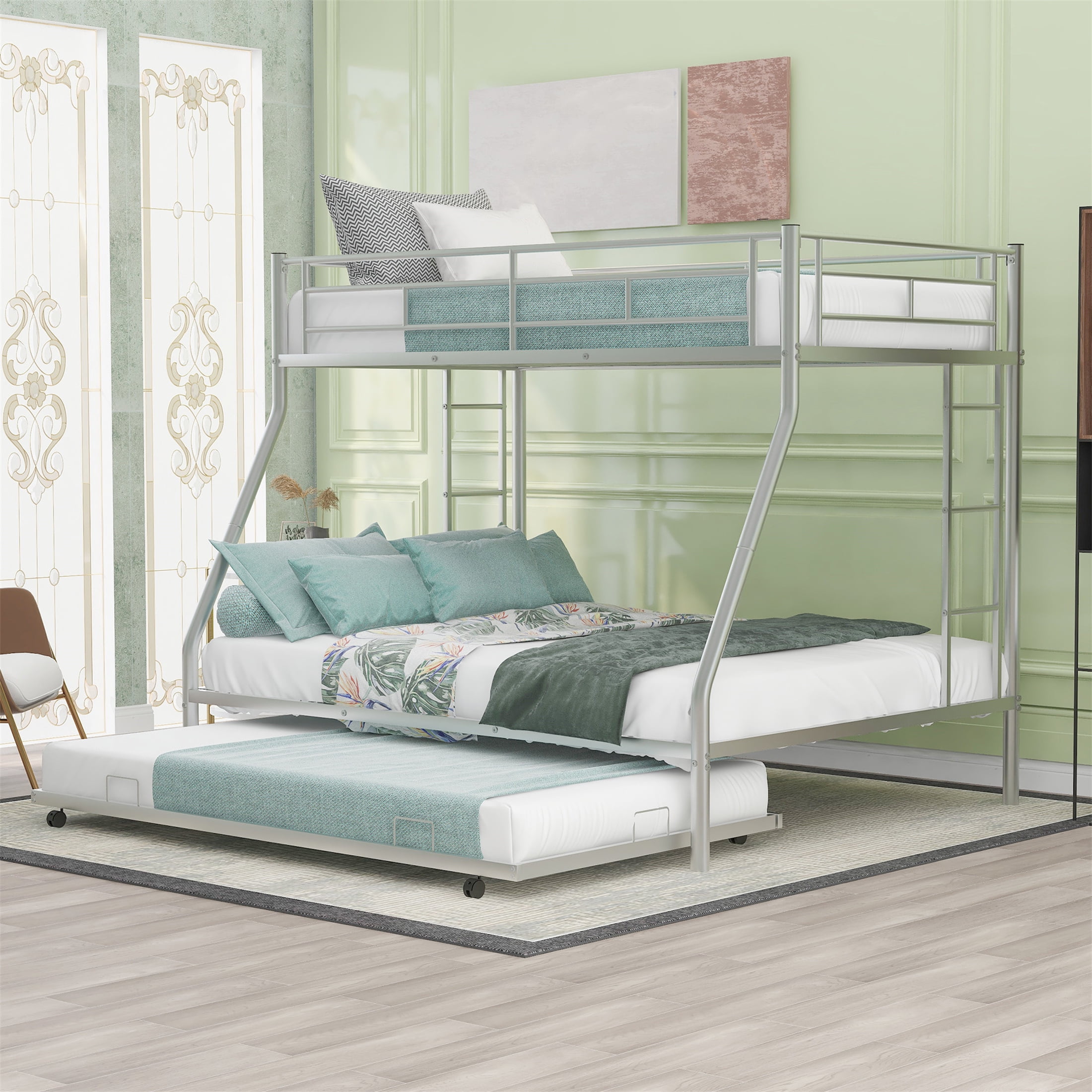 Aukfa Triple Bunk Bed, Twin over Full Bunk Bed with Trundle, 2 Ladders, Silver