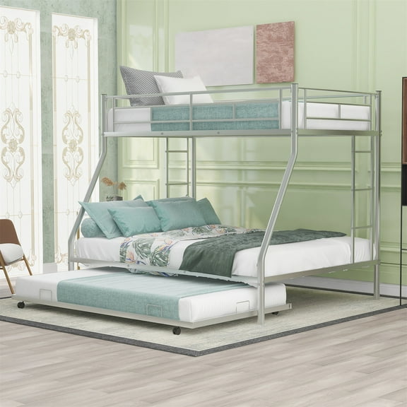 Aukfa Triple Bunk Bed, Twin over Full Bunk Bed with Trundle, 2 Ladders, Silver