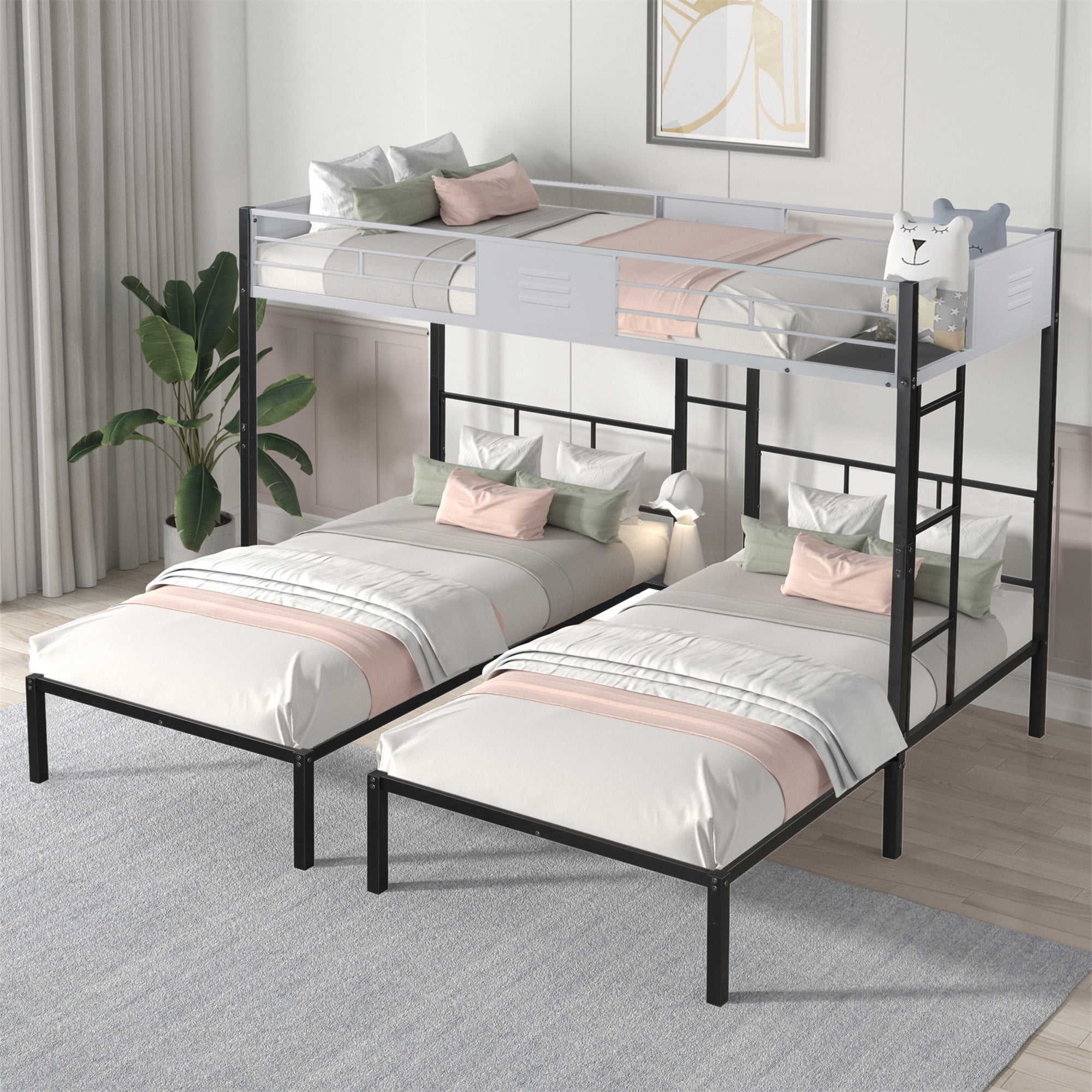 Aukfa Triple Bunk Bed for Kids Teens, Wood Slats Support, Convertible 3 Twin Metal Bed Frame, Black