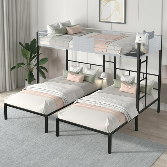 Aukfa Triple Bunk Bed for Kids Teens, Wood Slats Support, Convertible 3 Twin Metal Bed Frame, Black