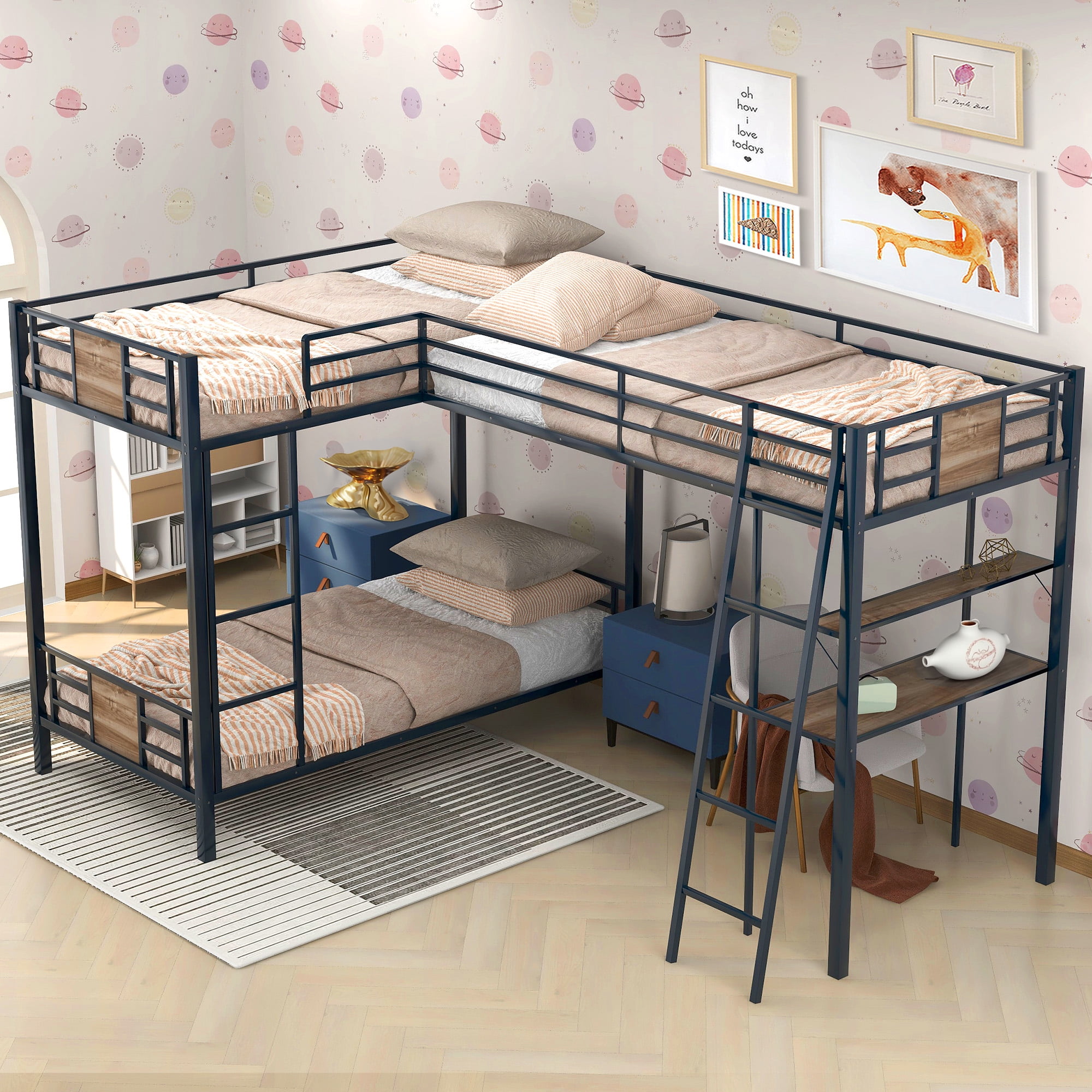 Aukfa Triple Bunk Bed with Desk and Shelf, L-Shaped Metal Bunk Bed with a Twin Loft Bed for 3 Kids, Twin Over Twin - Black