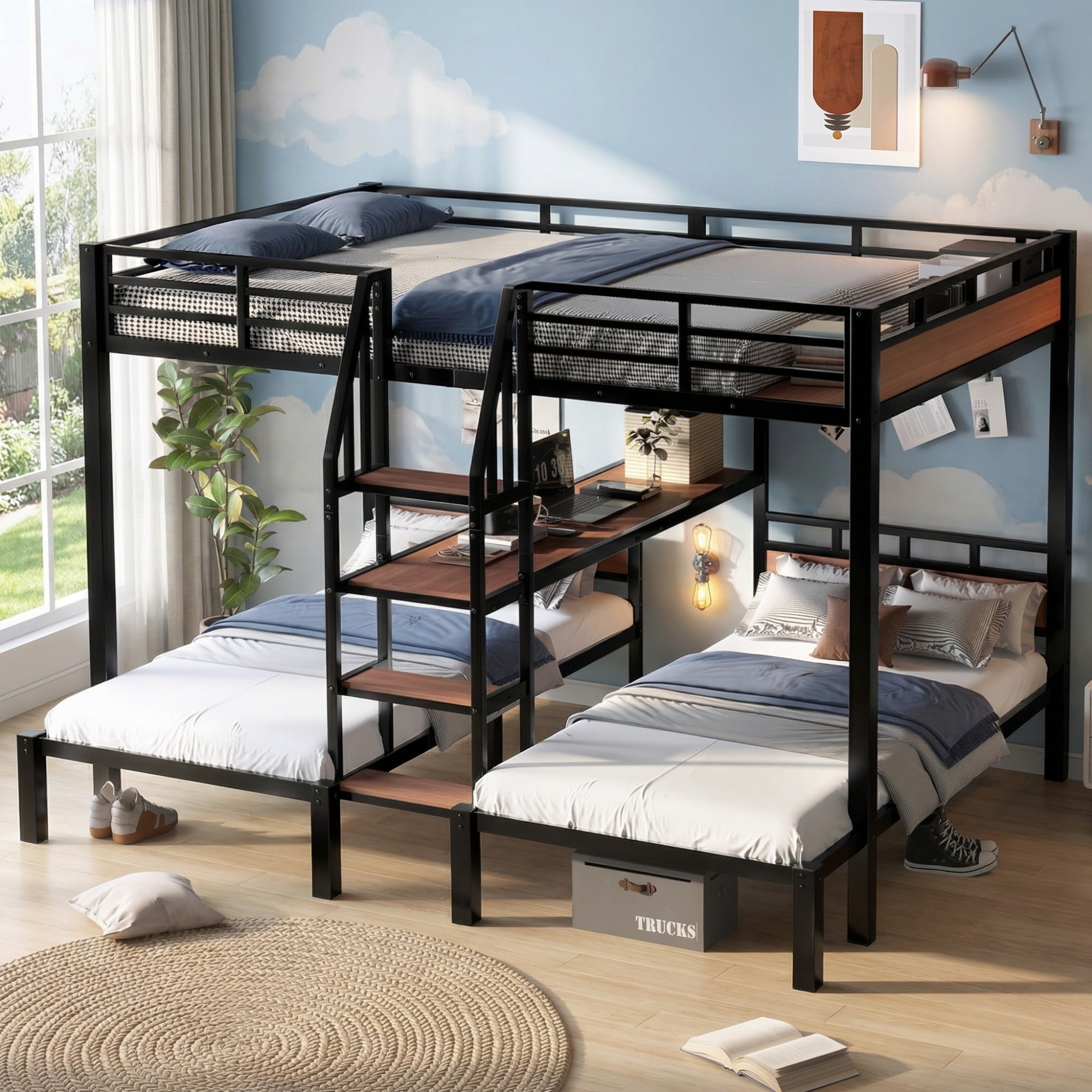 Aukfa Triple Bunk Bed with Storage Shelves & Stairs, Queen over Twin over Twin Metal Bunk Bed for 3, Space-Saving Heavy Duty Bed Frame, Black