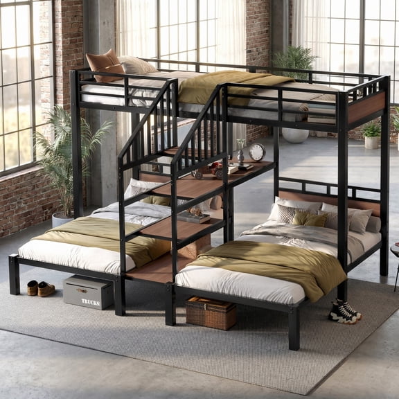Aukfa Triple Bunk Bed with Storage Shelves & Stairs, Twin over Twin over Twin Metal Bunk Bed for 3, Space-Saving Heavy Duty Bed Frame, Black