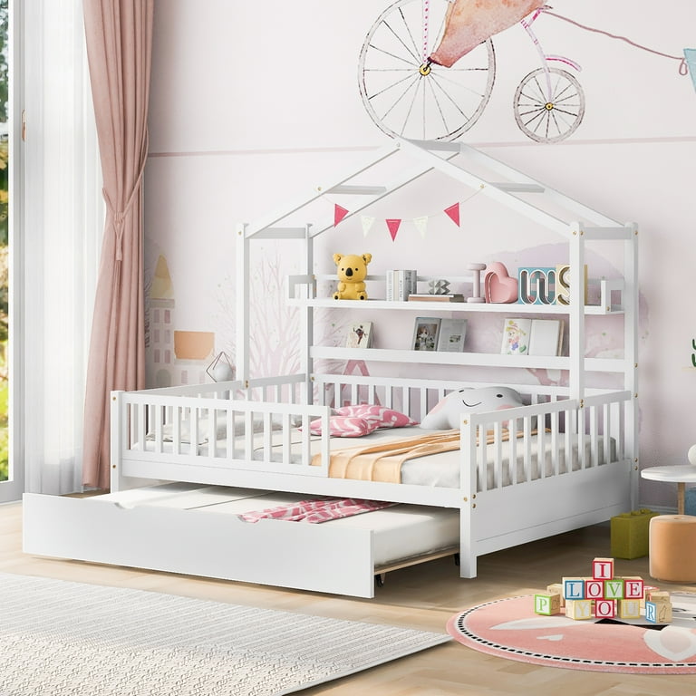Aukfa Trundle Bed with Roof and Shelves Wooden Full House Bed