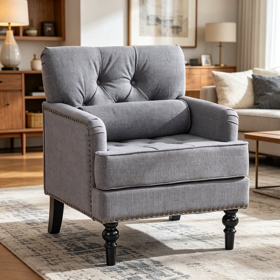 Aukfa Tufted Accent Chair, Mid Century Modern Linen Armchair with Nailhead Trim & Rubber Wood Legs for Small Spaces,Gray