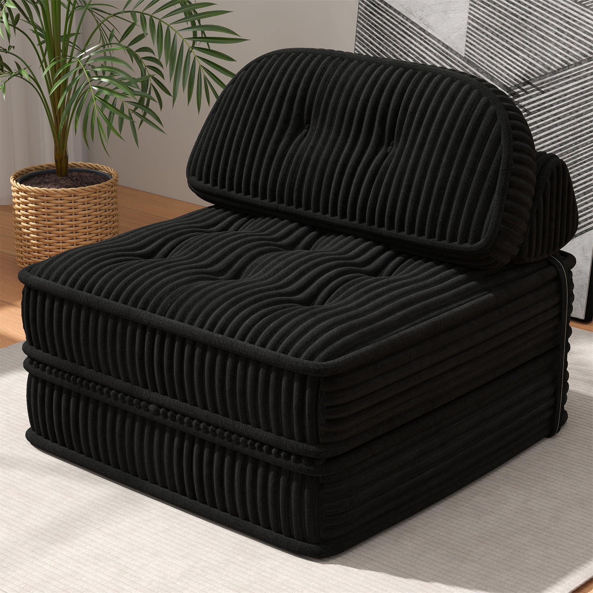 Aukfa Tufted Futon Convertible Folding Sofa Bed with Back Support, Twin Size, Corduroy, Black