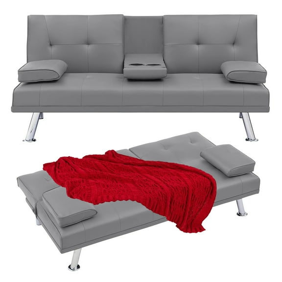Aukfa Leather Futon Convertible Sofa Bed with 2 Cupholder&Pillow for Home Office Twin Size, Gray
