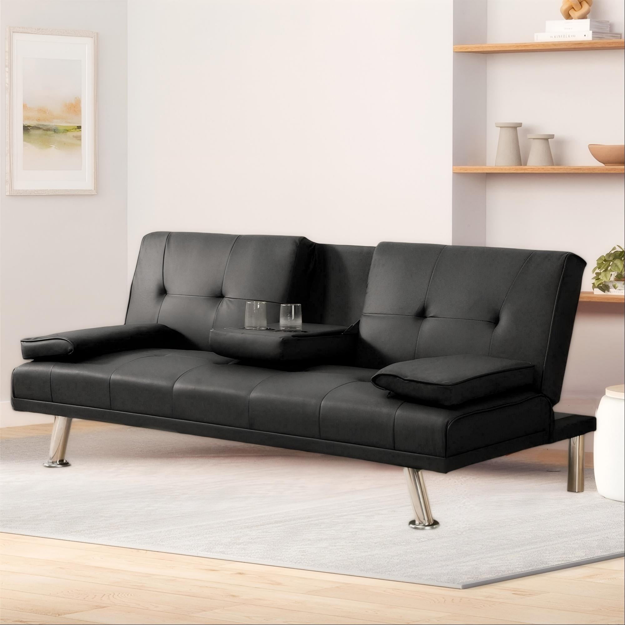 Aukfa Tufted Futon Convertible Sofa Bed for Home Office, 2 Cup Holders&Pillows, Leather, Black