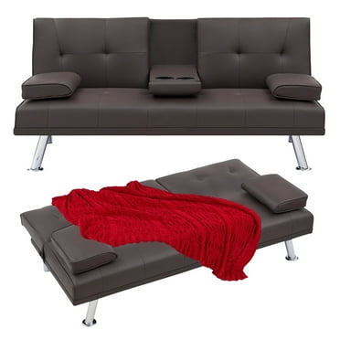 Aukfa Tufted Futon Convertible Sofa Bed for Home Office, 2 Cup Holders&Pillows, Leather, Brown