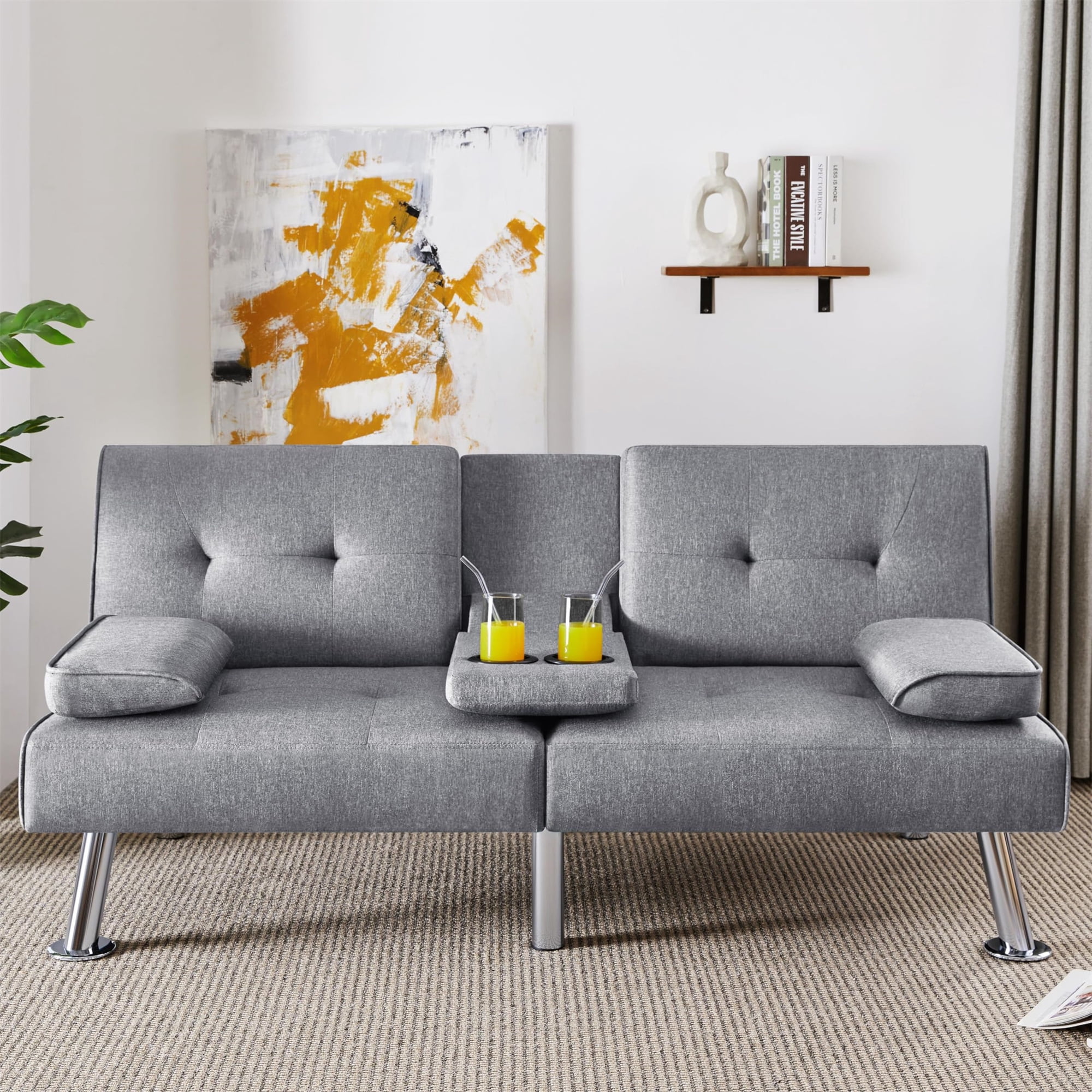Aukfa Tufted Futon Convertible Sofa Bed for Home Office, 2 Cup Holders, Linen, Light Gray