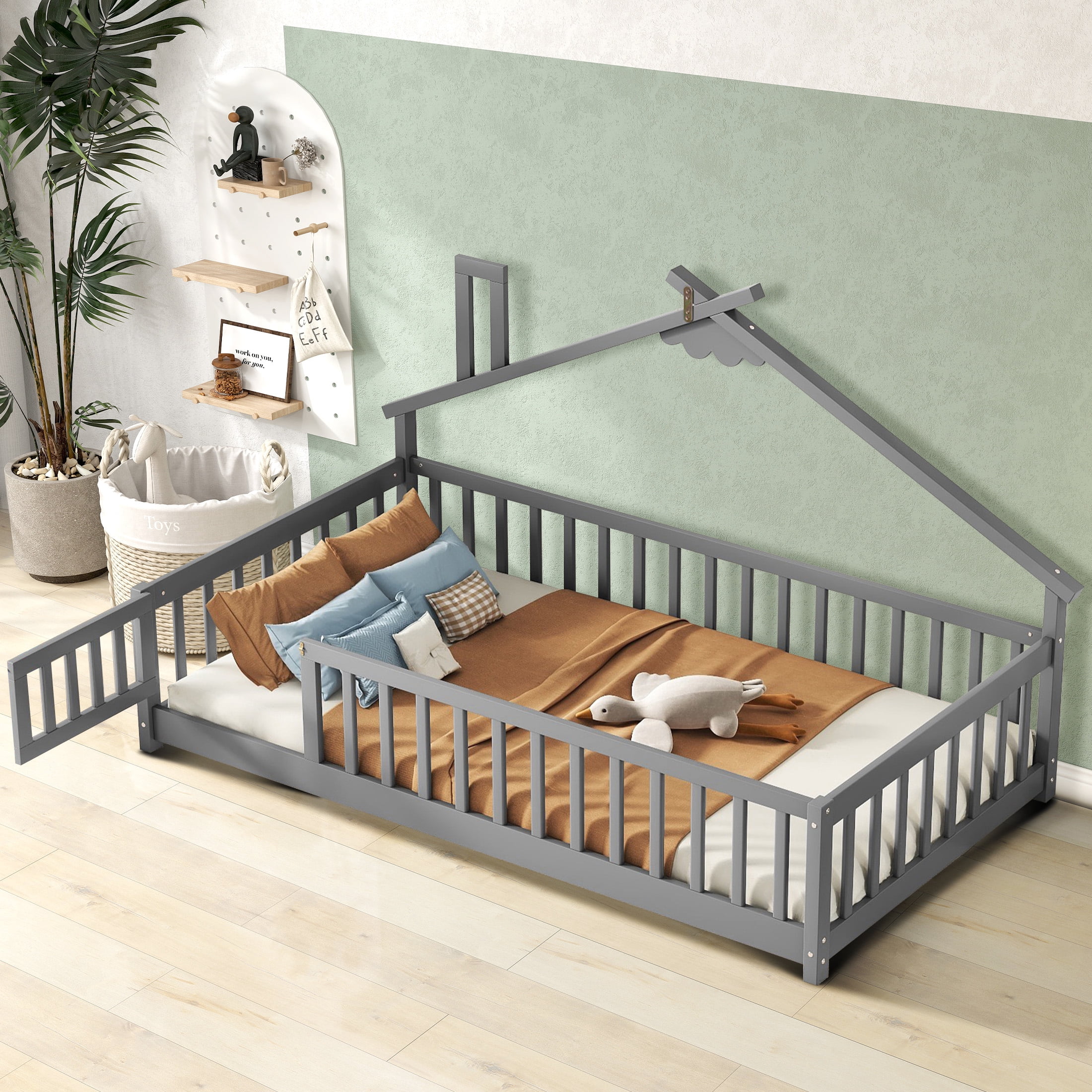 Aukfa Twin Bed Frame, House-Shaped Bedside Floor Bed with Full Length Guardrail Door, Gary