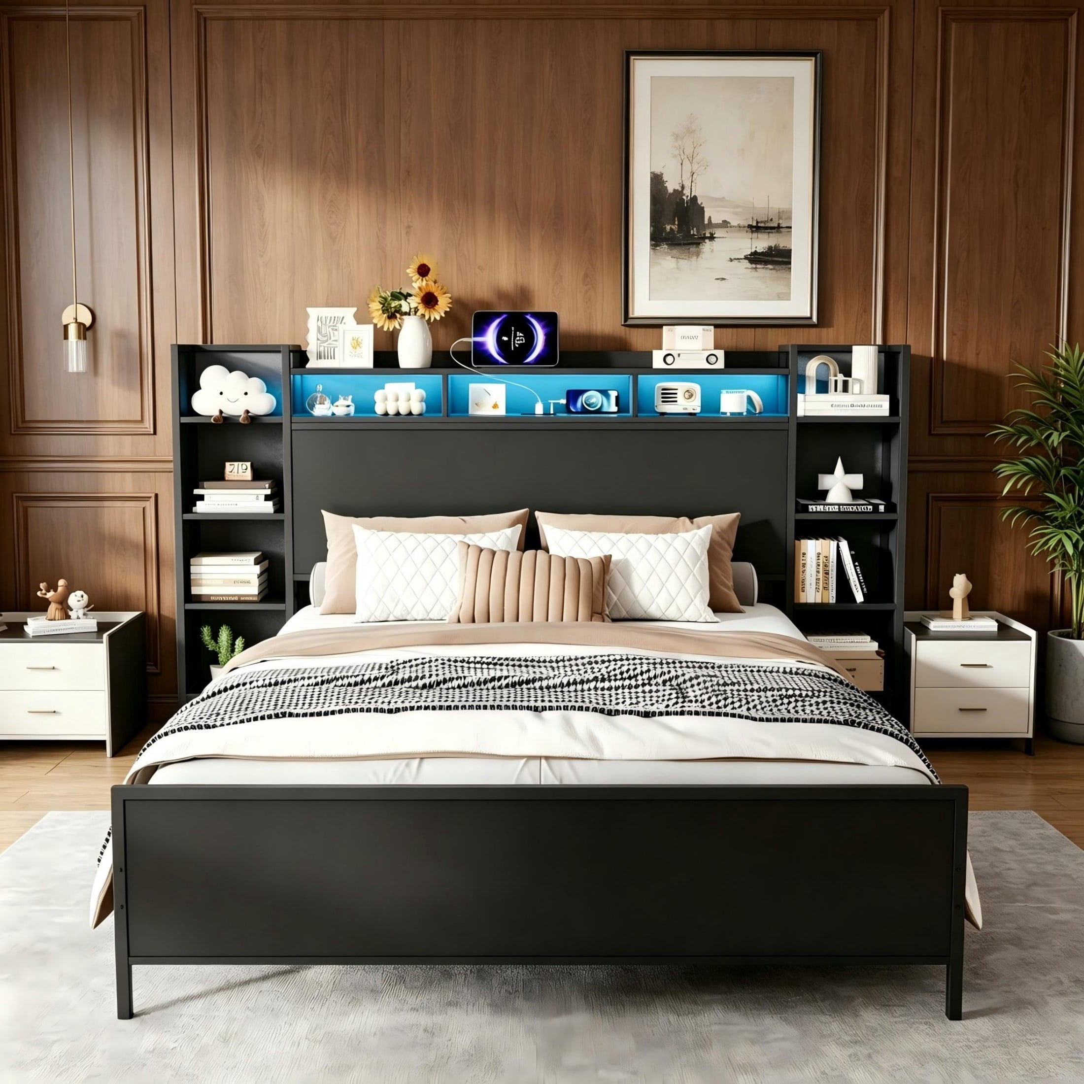 Aukfa Twin Bed Frame with Storage Headboard, USB Charging Station & LED Lights, Heavy Duty Metal Platform Bed with Outlets, No Box Spring Needed, Black