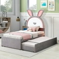 thumbnail image 1 of Aukfa Twin Bed Frame with Trundle and 3 Drawers, Upholstered Platform Bed with Cartoon Rabbit Ears Headboard and LED Lights, Gray, 1 of 8