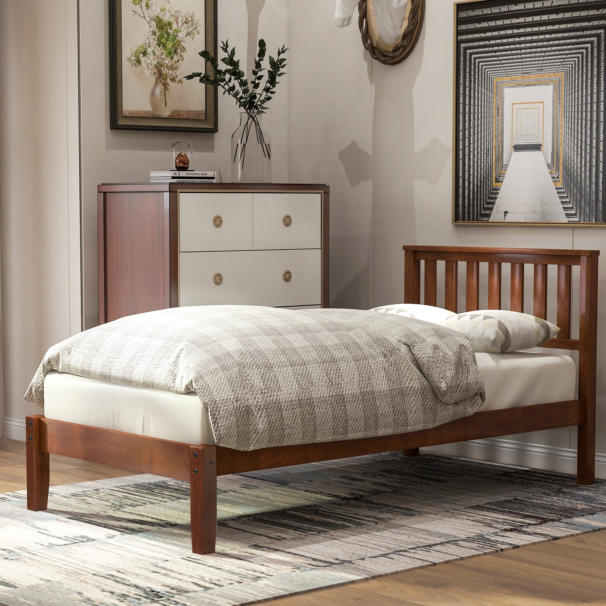 Aukfa Twin Bed with Headboard - Wood Platform Bed Frame - Brown