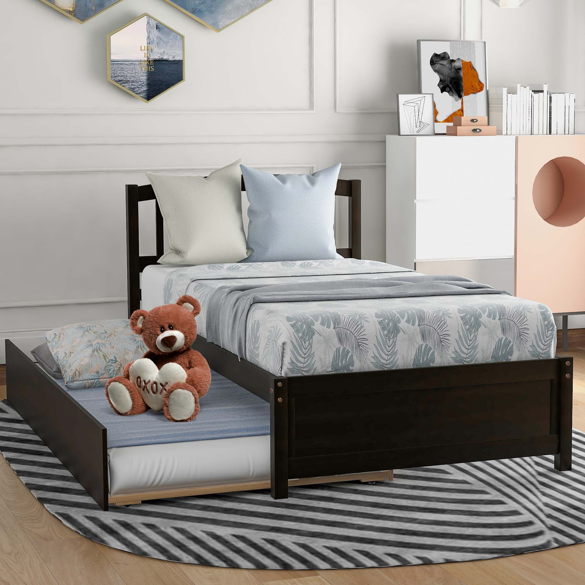 Aukfa Twin Bed with Trundle - Wooden Platform Bed Frame for Kids Teens - Espresso