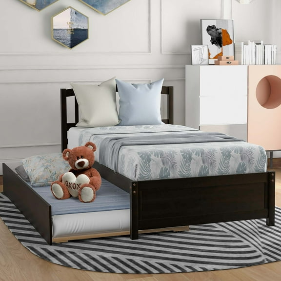 Aukfa Twin Bed with Trundle - Wooden Platform Bed Frame for Kids Teens - Espresso