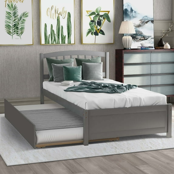 Aukfa Twin Bed with Trundle - Wooden Platform Bed Frame for Kids Teens - Gray