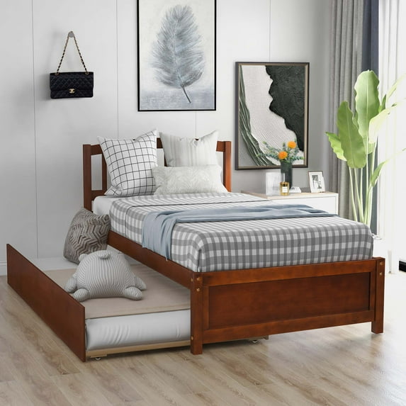 Aukfa Twin Bed with Trundle - Wooden Platform Bed Frame for Kids Teens - Walnut