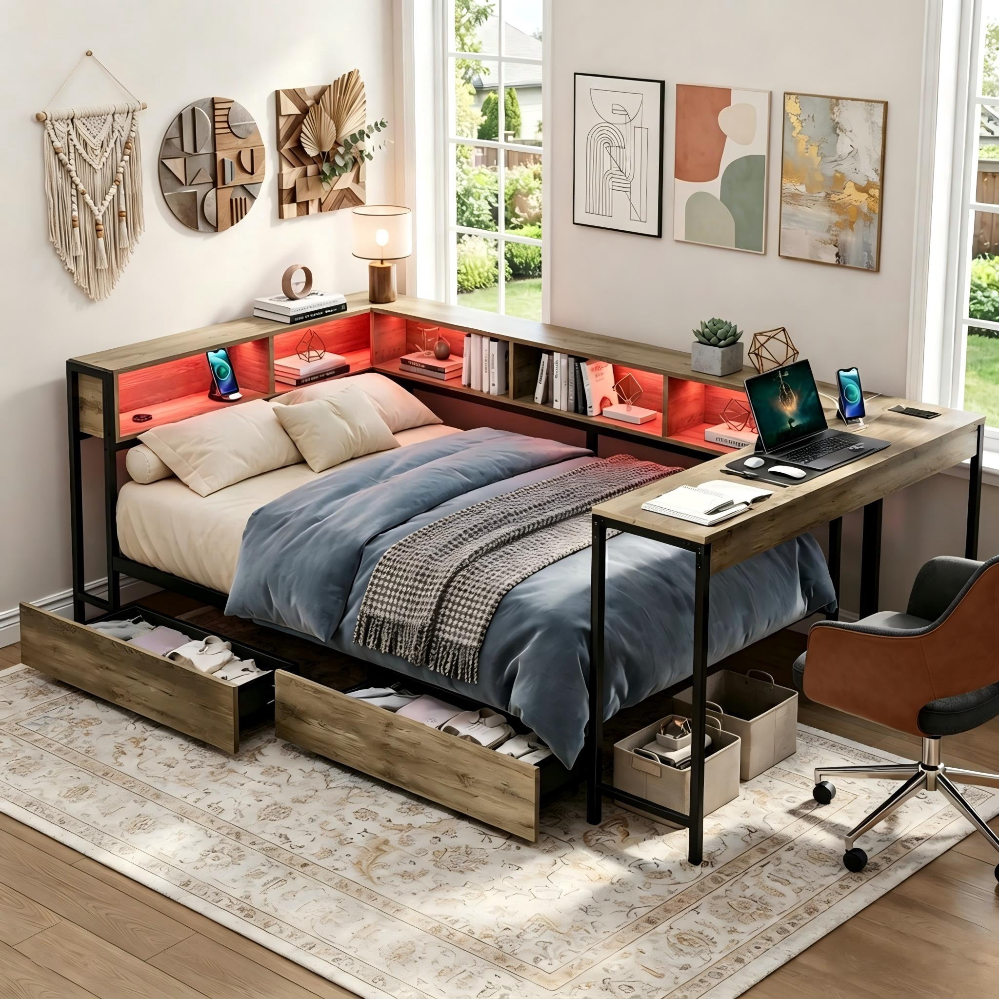Aukfa Twin Corner Bed Frame with Desk, 2 Storage Drawers, Bookcase, Charging Station and LED Lights, Gray