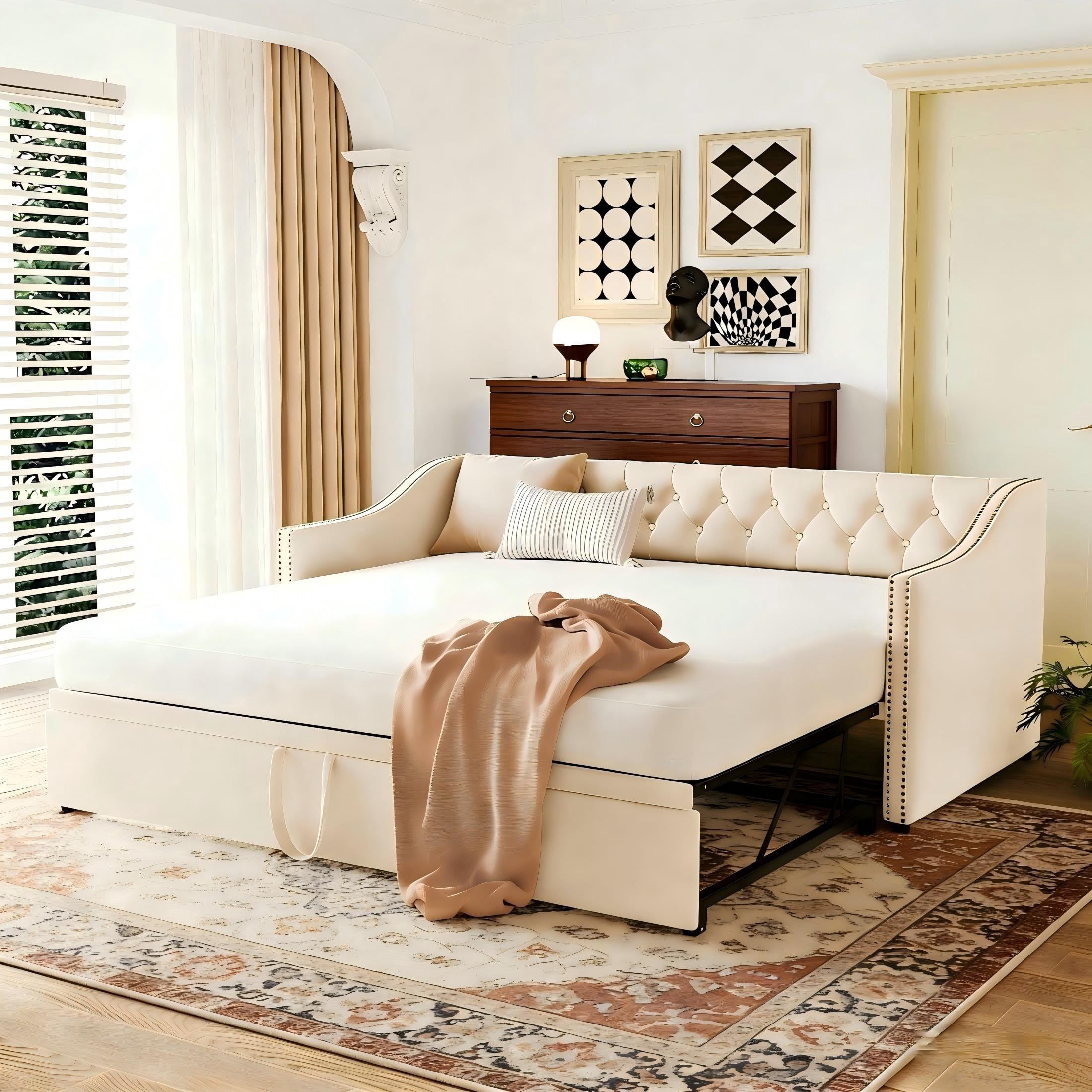 Aukfa Twin Daybed with Pop-Up Trundle, Velvet Upholstered Bed Frame with Button Tufted Back and Nailhead Trim, Space Saving Guest Bed for Kids Room/Living Room, Beige
