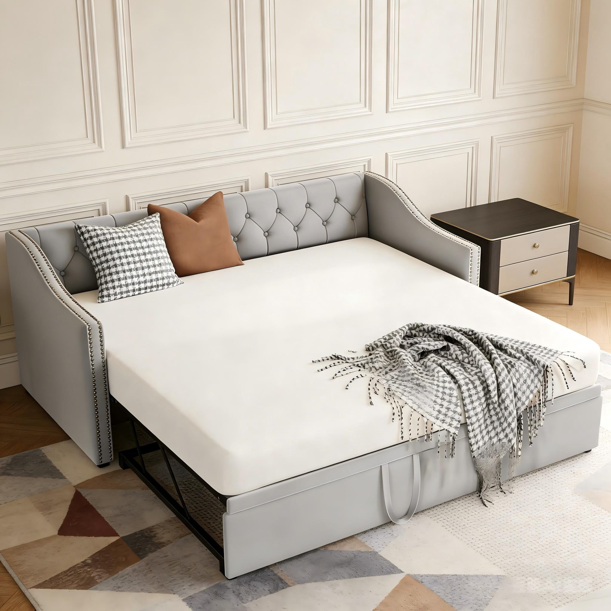 Aukfa Twin Daybed with Pop-Up Trundle, Velvet Upholstered Bed Frame with Button Tufted Back and Nailhead Trim, Space Saving Guest Bed for Kids Room/Living Room, Gray