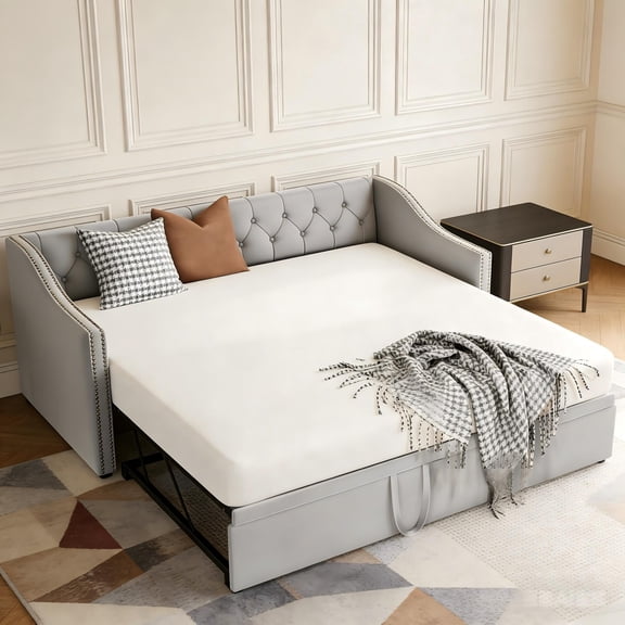 Aukfa Twin Daybed with Pop-Up Trundle, Velvet Upholstered Bed Frame with Button Tufted Back and Nailhead Trim, Space Saving Guest Bed for Kids Room/Living Room, Gray