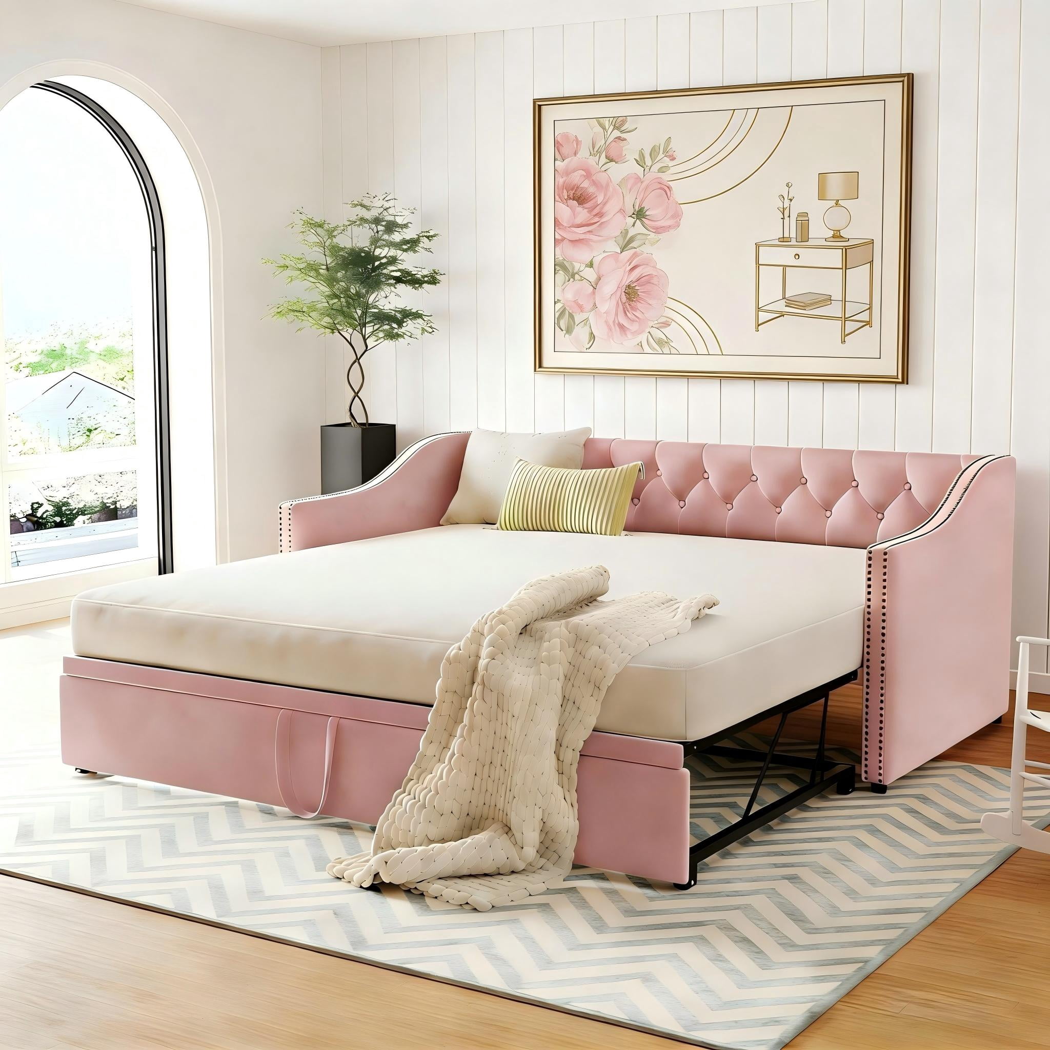 Aukfa Twin Daybed with Pop-Up Trundle, Velvet Upholstered Bed Frame with Button Tufted Back and Nailhead Trim, Space Saving Guest Bed for Kids Room/Living Room, Pink
