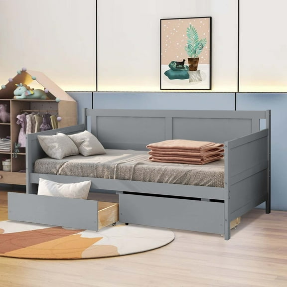 Aukfa Twin Daybed with Storage Drawers, Wooden Platform Bed - Gray