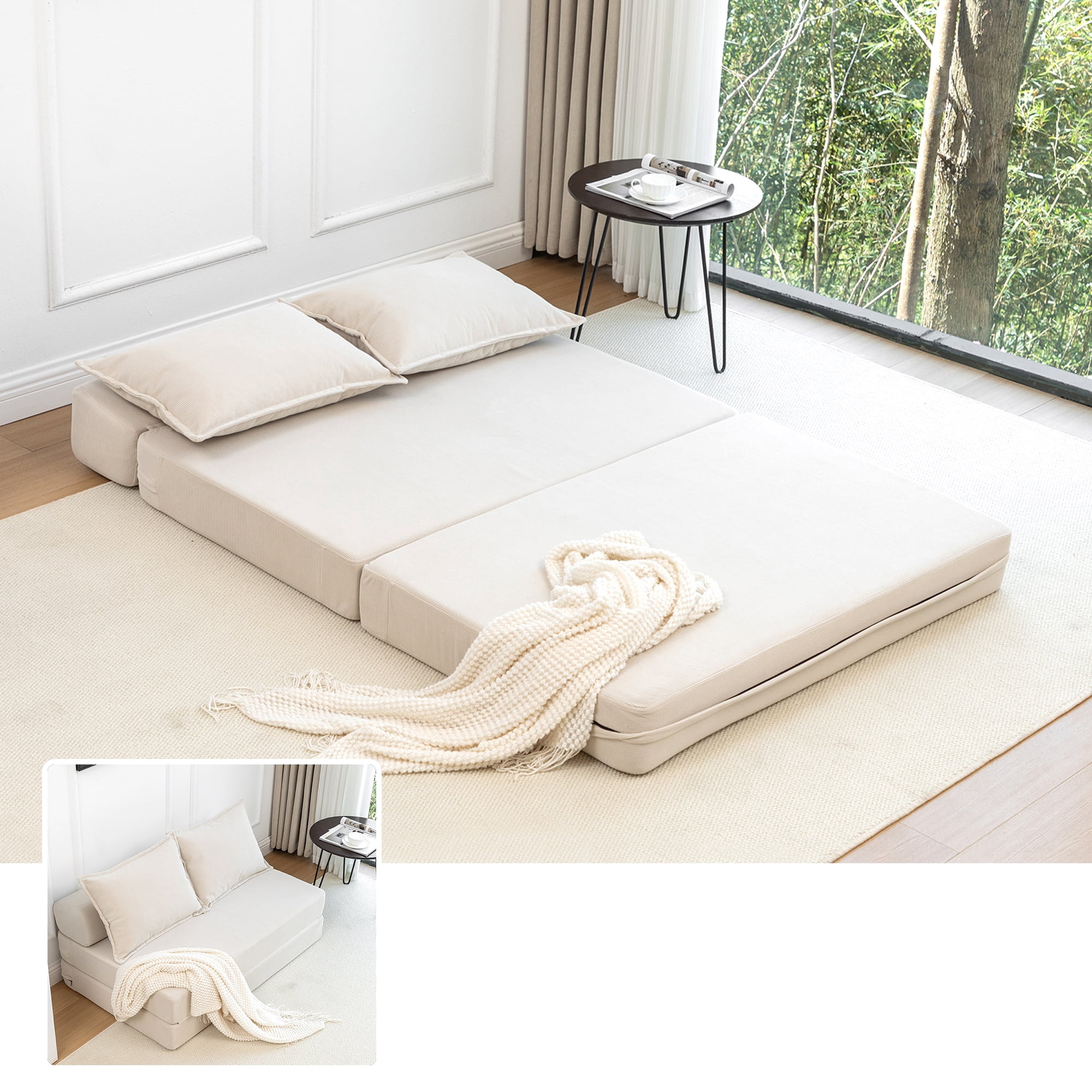 Aukfa Twin Folding Sofa Bed Sleeper Chair with Pillows, Corduroy Convertible Floor Couch Mattress for Living Room, Dorm, Guest Room, Beige