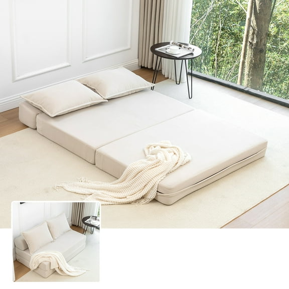 Aukfa Twin Folding Sofa Bed Sleeper Chair with Pillows, Corduroy Convertible Floor Couch Mattress for Living Room, Dorm, Guest Room, Beige