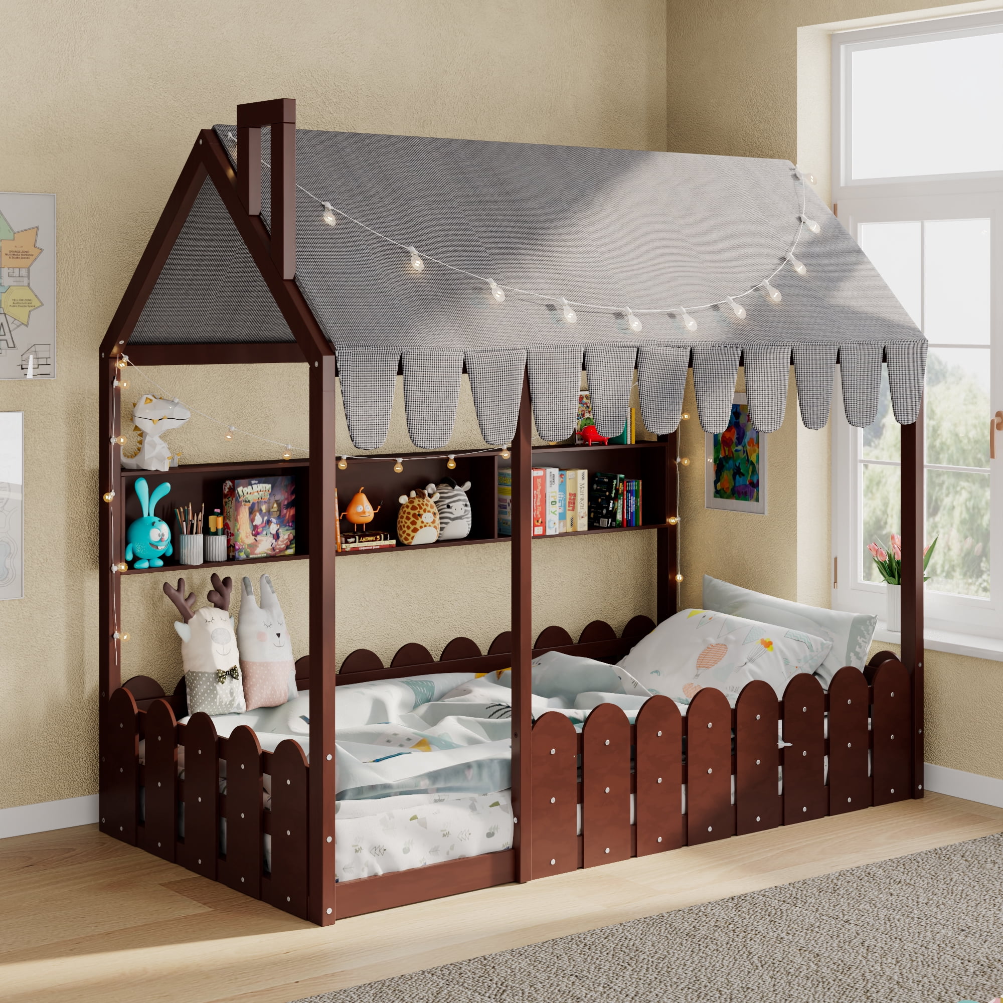 Aukfa Twin House Bed with Fence and Tent for Kids, Wooden Montessori Bed with LED Lights & Storage Shelves for Toddler Boys and Girls Bedroom, Espresso