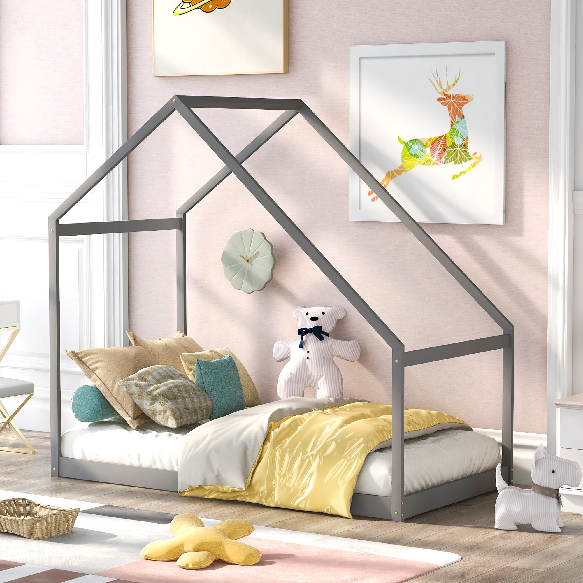 Aukfa Twin House Bed for Kids, Platform Bed with Roof, Wood - Gray