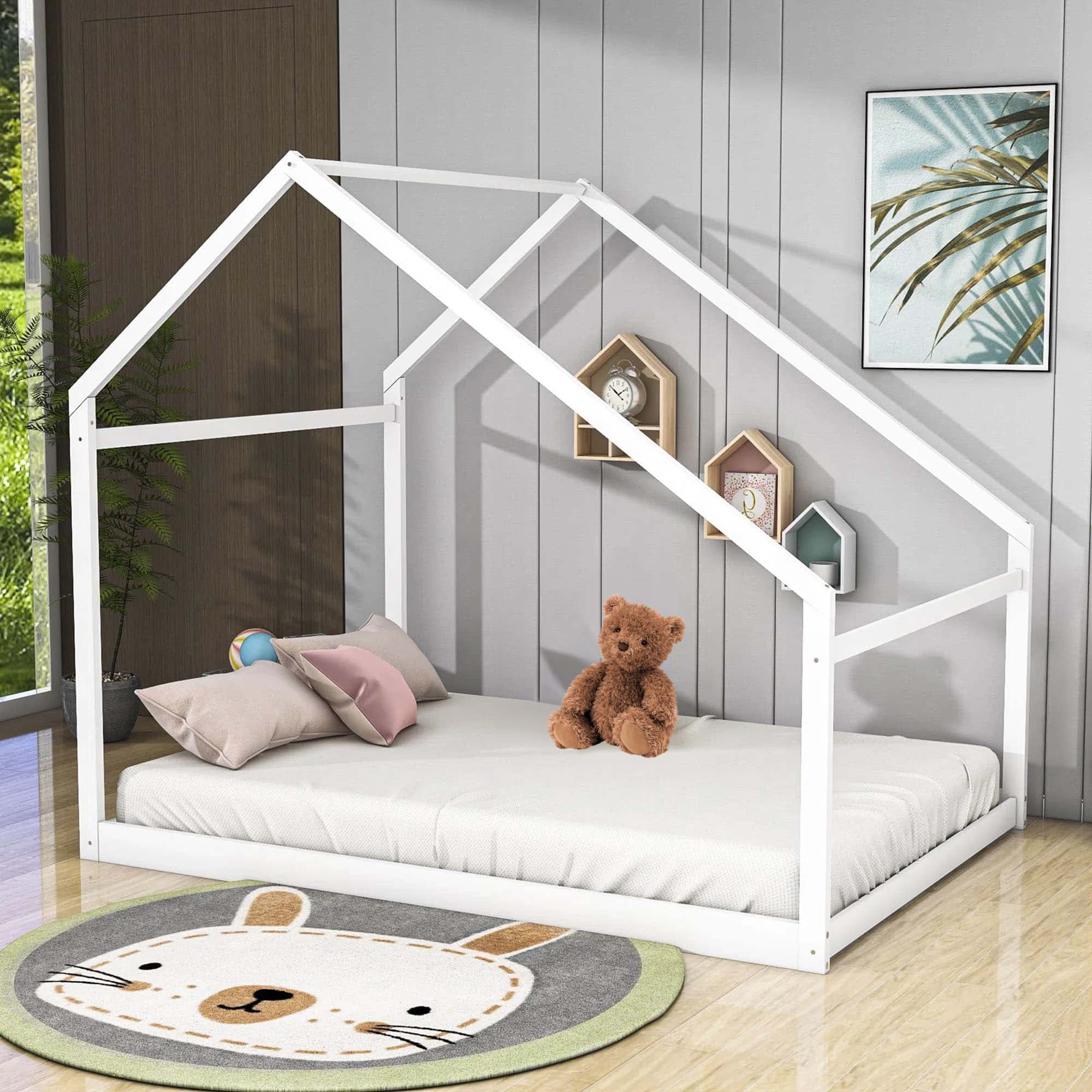 Aukfa Twin House Bed for Kids, Platform Bed with Roof, Wood - White
