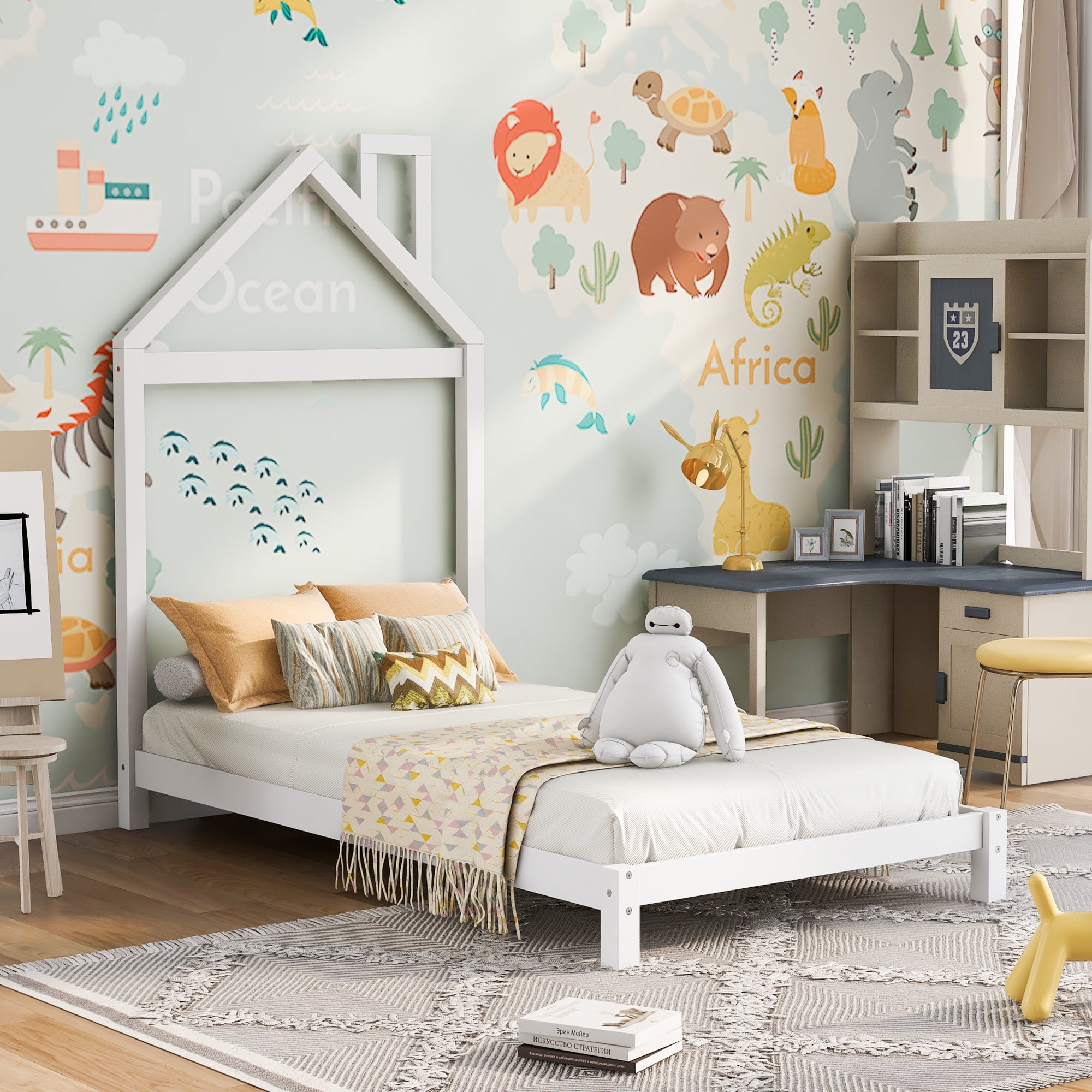 Aukfa Twin House Bed for Kids, Wood Platform Bed, Low Profile - White