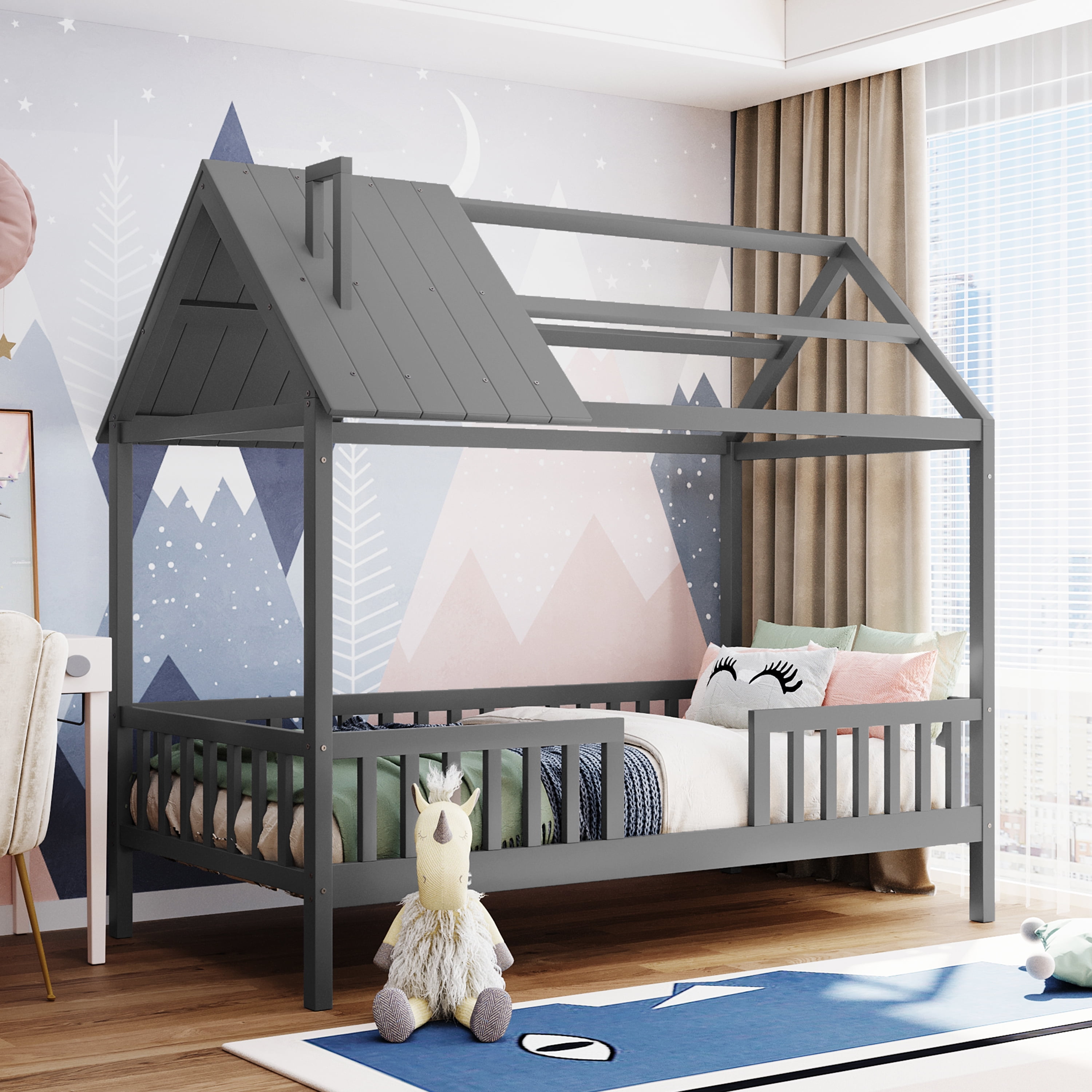Aukfa Twin House Bed with Fence and Roof, Wood Montessori Bed for Kids, Teens - Gray