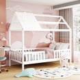 thumbnail image 1 of Aukfa Twin House Bed with Fence and Roof, Wood Montessori Bed for Kids, Teens - White, 1 of 8