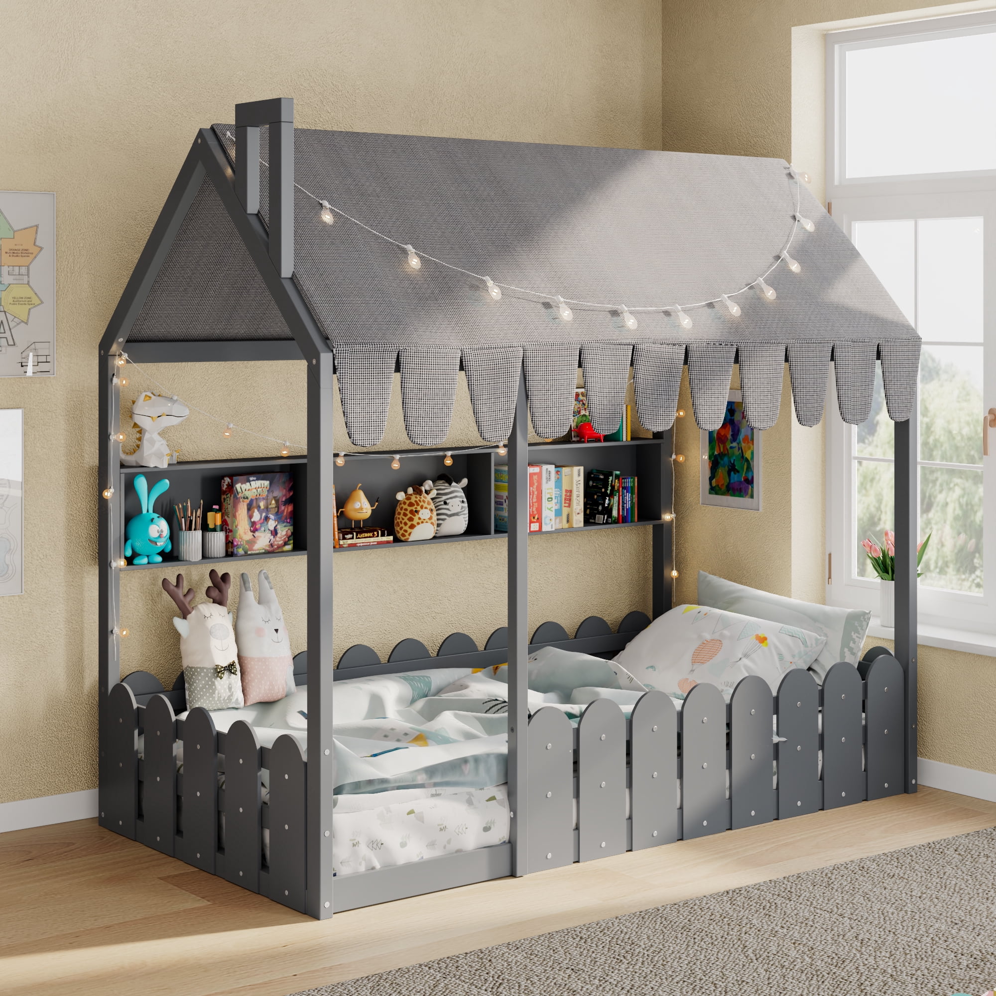 Aukfa Twin House Bed with Fence and Tent for Kids, Wooden Montessori Bed with LED Lights & Storage Shelves for Toddler Boys and Girls Bedroom, Gray