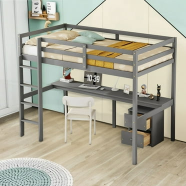 Aukfa Twin Loft Bed with Built-in Desk and Storage Cabinet with 2 Drawers for Kids Teens Dorm, Gray