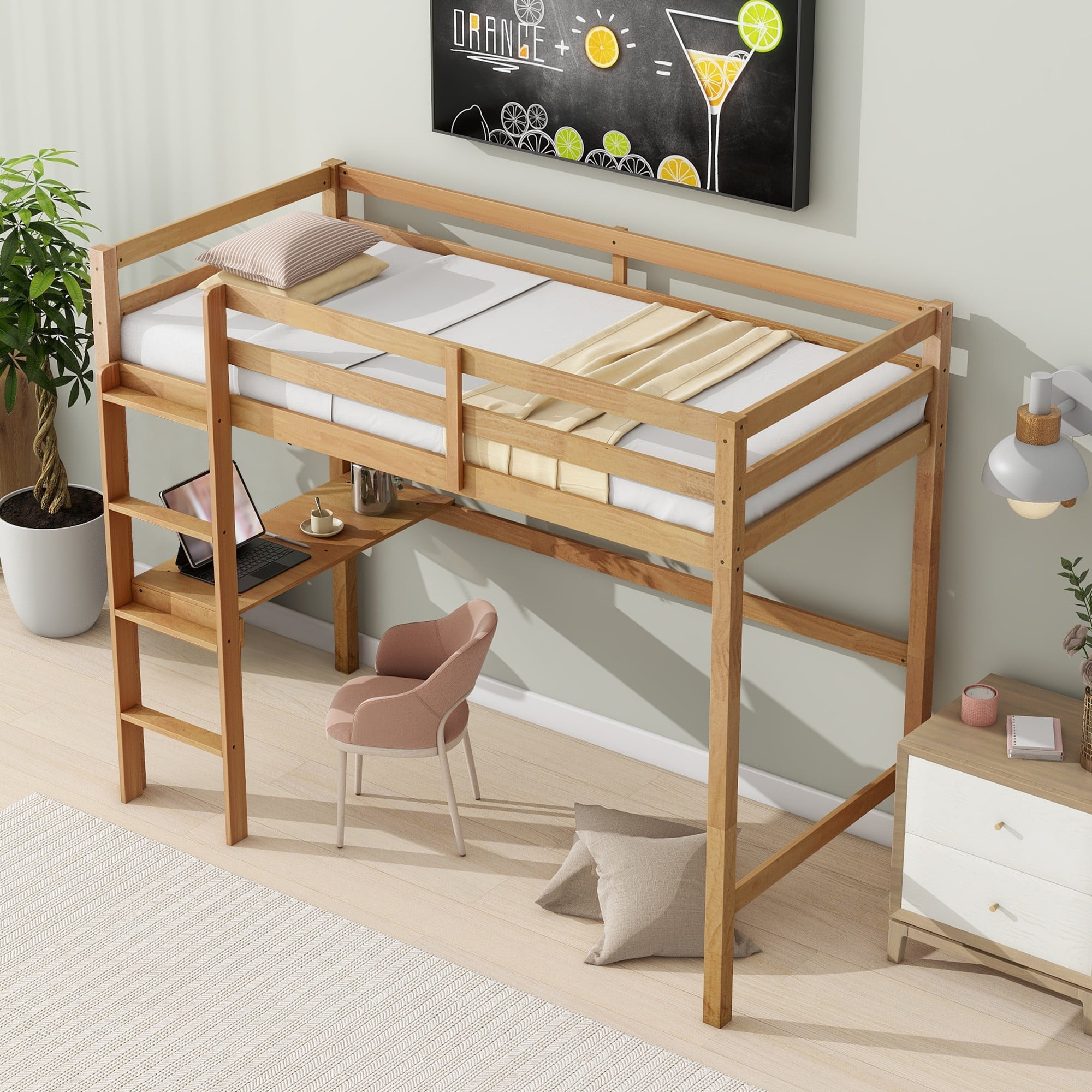 Aukfa Twin Loft Bed with Built-in Desk for Kids Teens Dorm, Rubber Wood, Safety Guard, Oak