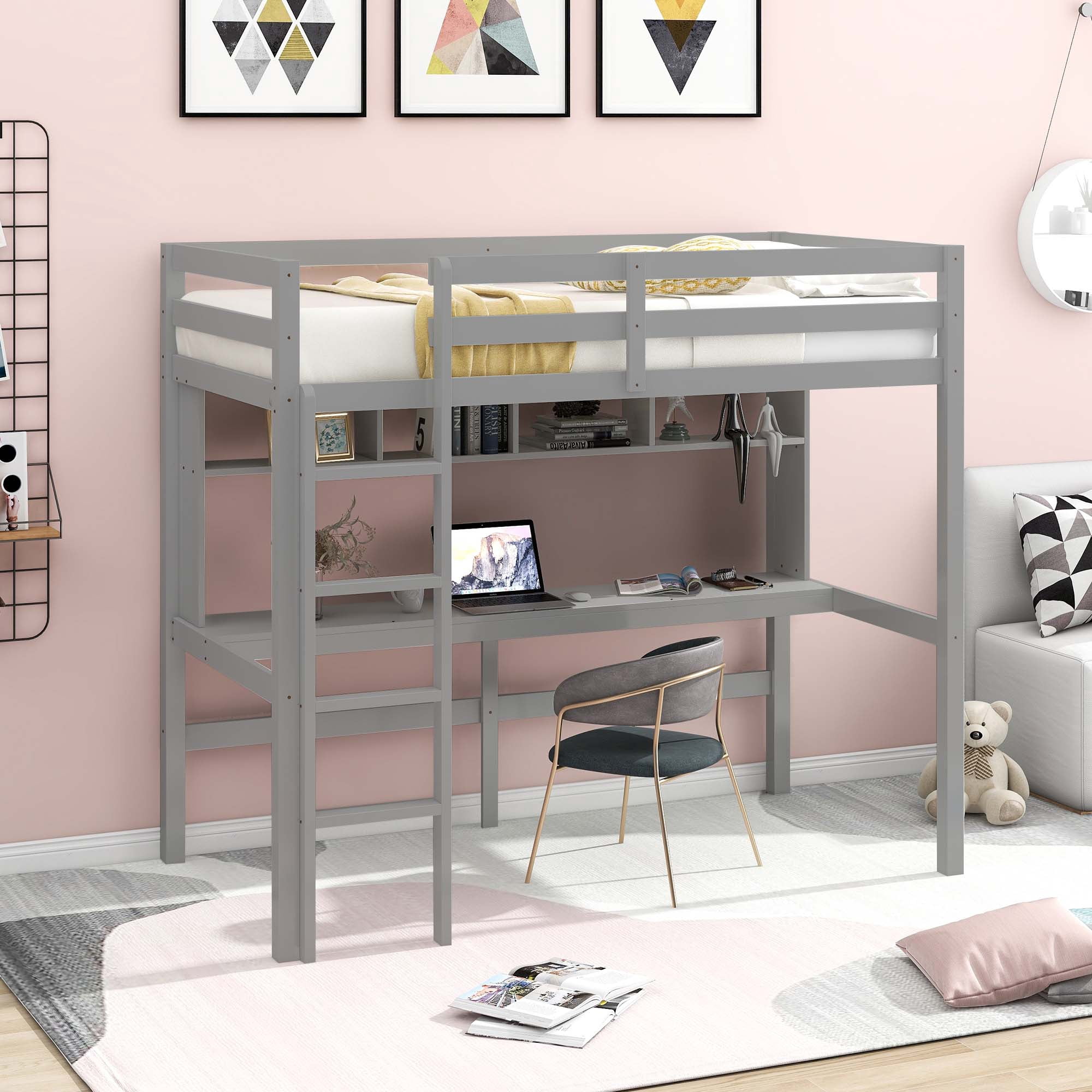 Aukfa Twin Loft Bed with Desk and 4 Shelves, Wood Bed Frame for Kids Teens and Dorm - Gray