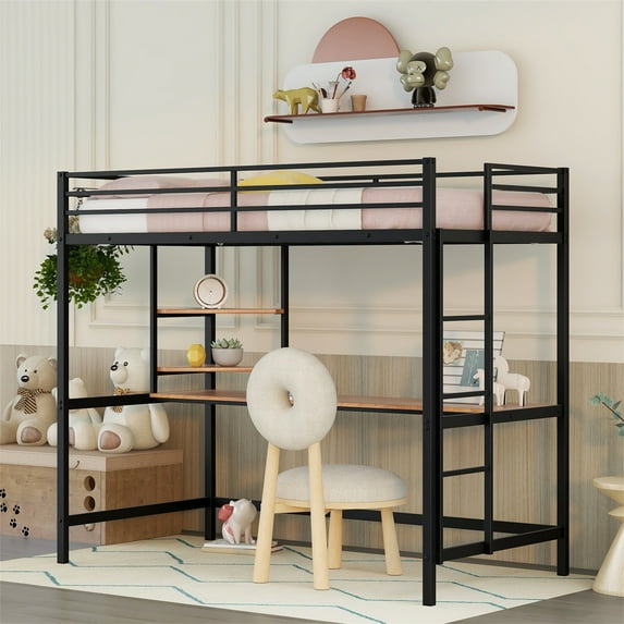 Aukfa Twin Loft Bed with Desk and Shelves, Heavy Duty Metal Bed Frame for Kids Teens Bedroom, Black