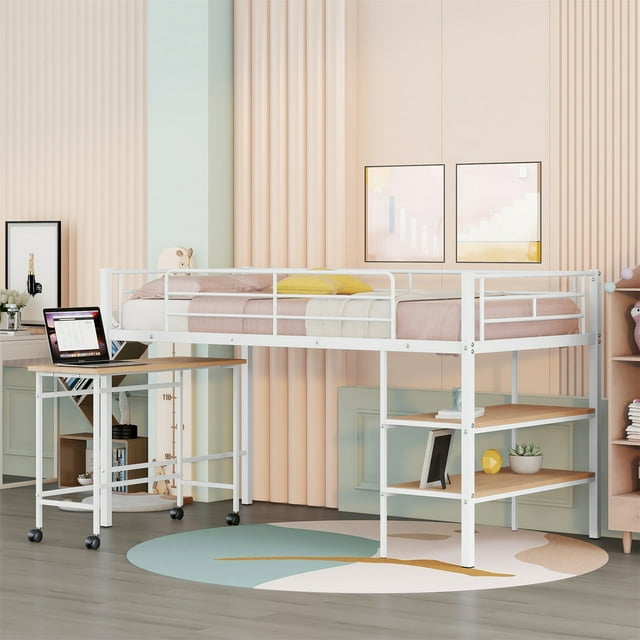 Aukfa Twin Loft Bed with Desk and Storage Shelves, Metal Low Loft Bed for Kids Teens, White