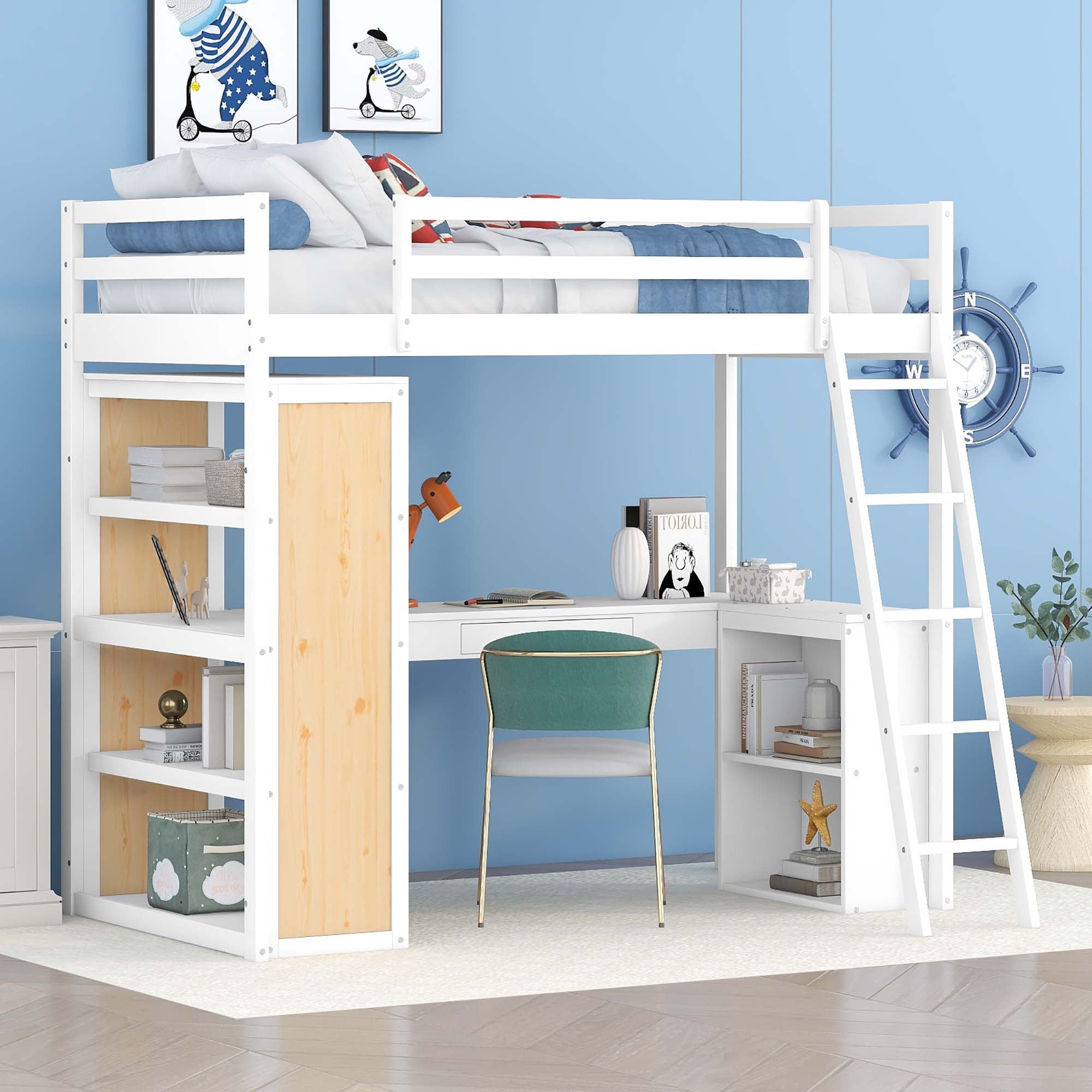 Aukfa Twin Loft Bed with Desk and Storage Shelves, Wood Loft Bed with Drawer for Kids, Teens - White