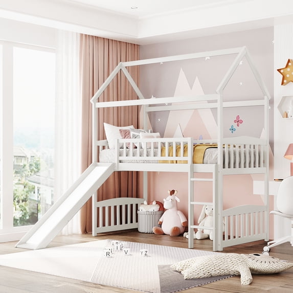 Aukfa Twin Loft Bed with Slide, House Bed with Headboard for Kids Teens Adults - White